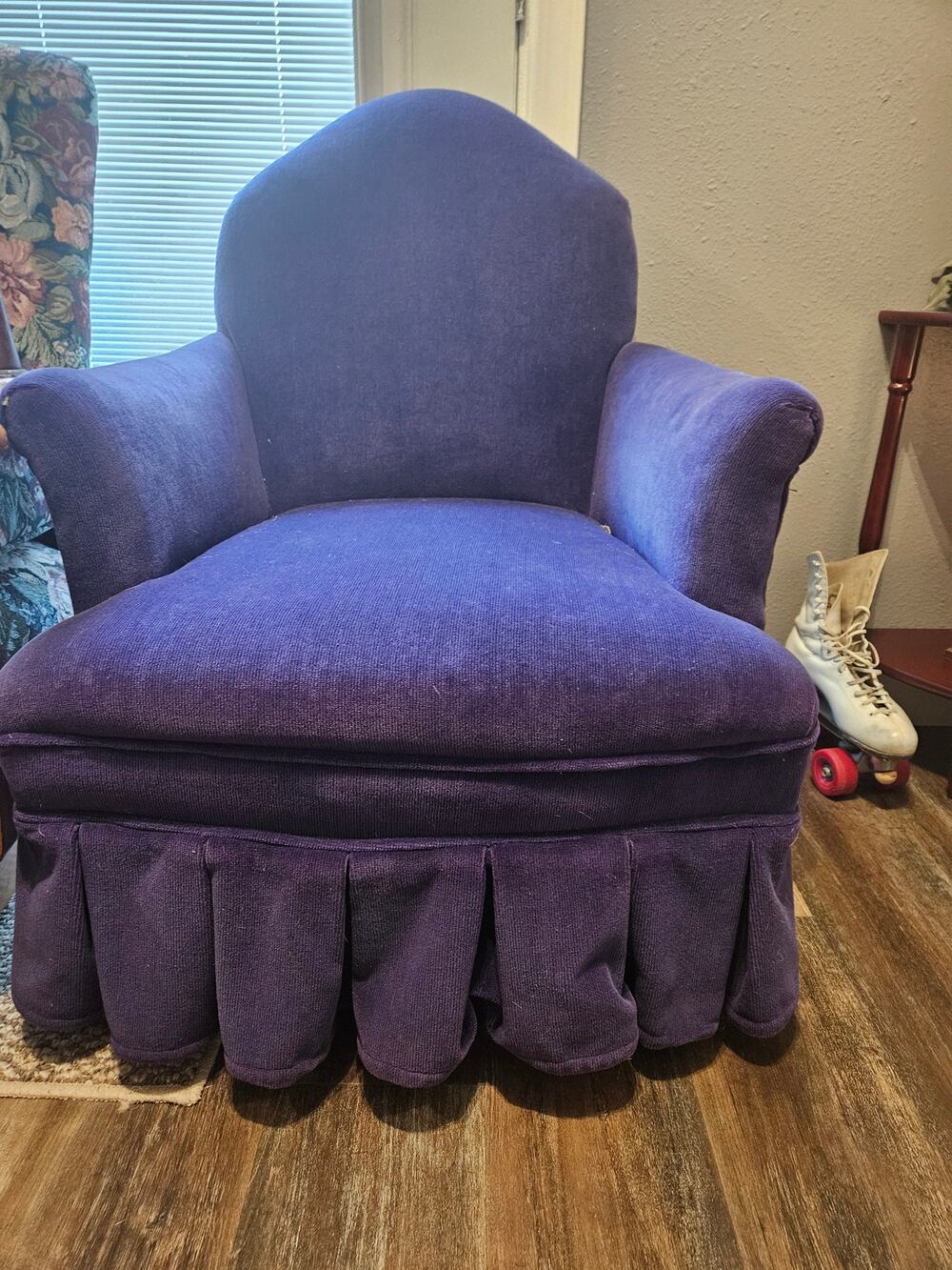 Vintage (approx. 1950s) Style Purple Re-Upholstered Skirted Armchair Wood Legs